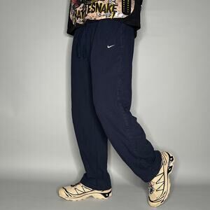 Nike Sweatpants Navy Blue Cotton White Swoosh Baggy Wide Leg